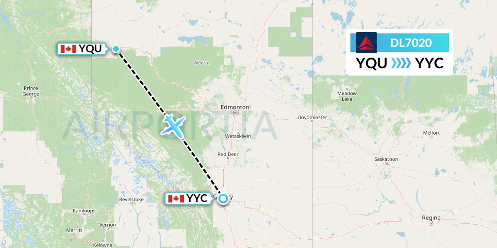 DL7020 Delta Air Lines Flight Map: Grande Prairie to Calgary