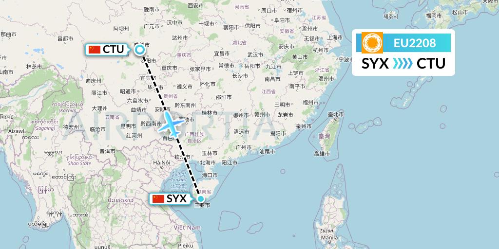 EU2208 Chengdu Airlines Flight Map: Sanya to Chengdu