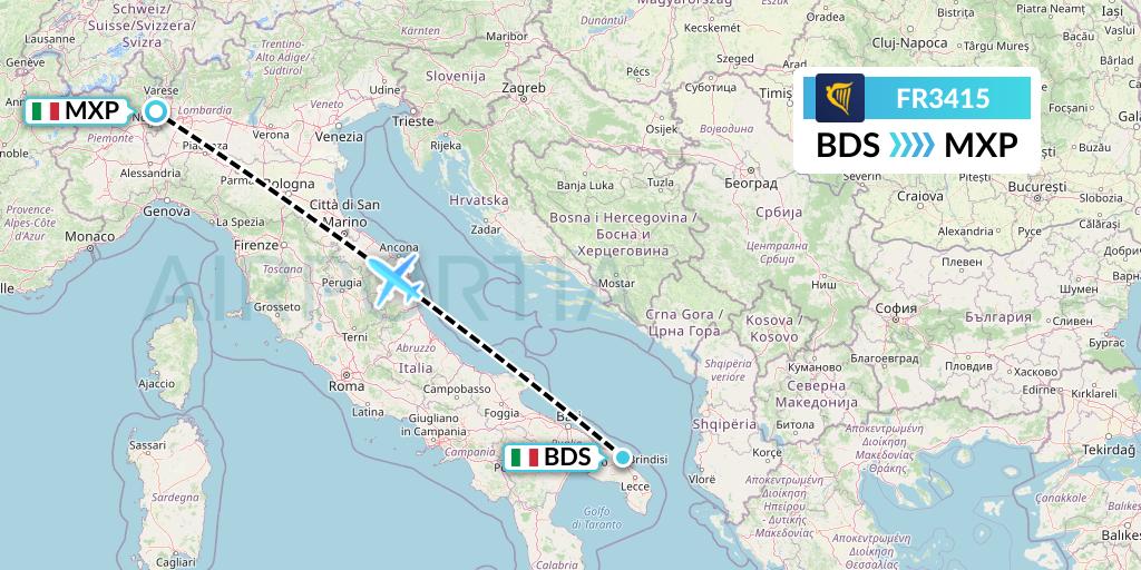FR3415 Ryanair Flight Map: Brindisi to Milan