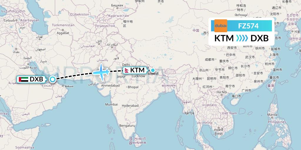 FZ574 FlyDubai Flight Map: Kathmandu to Dubai