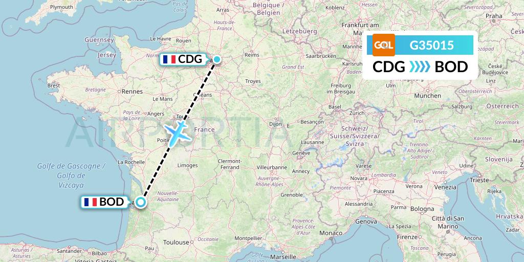 G35015 GOL Transportes Aeros Flight Map: Paris to Bordeaux