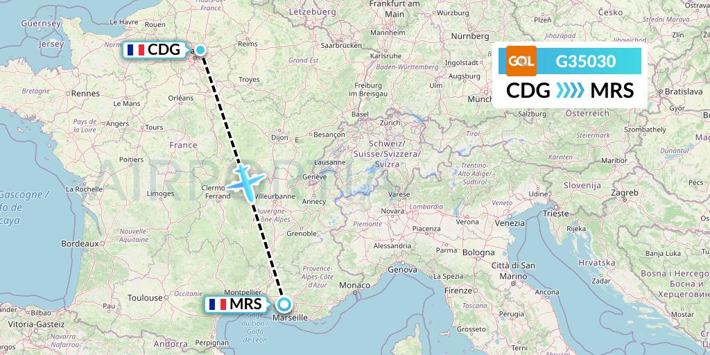 G35030 GOL Transportes Aeros Flight Map: Paris to Marseille