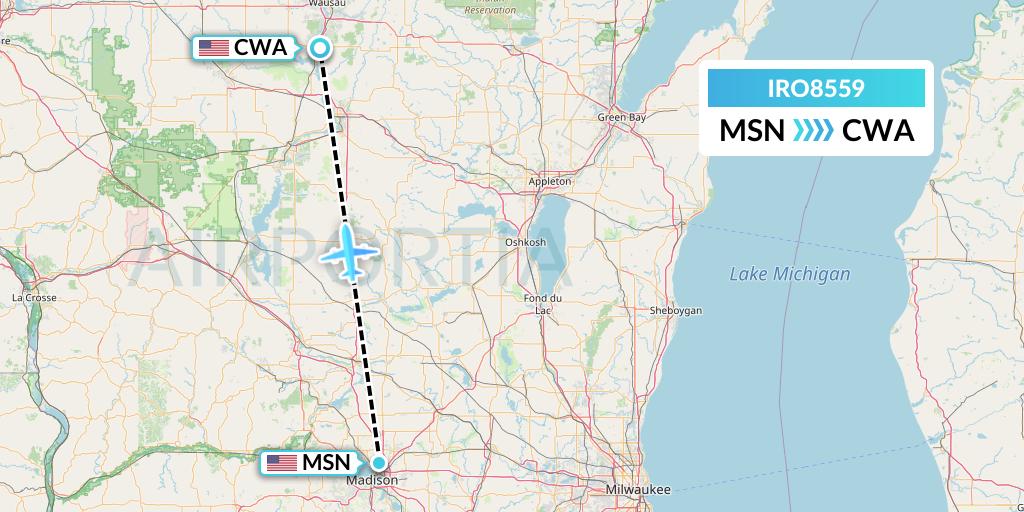 IRO8559 CSA Air Flight Map: Madison to Wausau