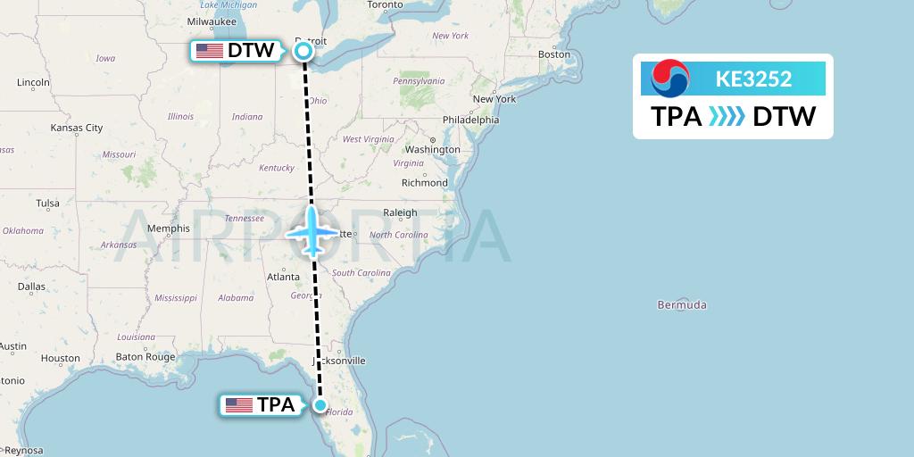 KE3252 Korean Air Flight Map: Tampa to Detroit