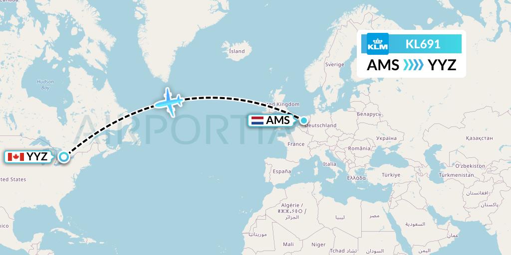 KL691 KLM Flight Map: Amsterdam to Toronto