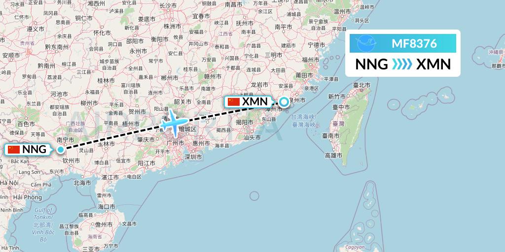 MF8376 Xiamen Airlines Flight Map: Nanning to Xiamen