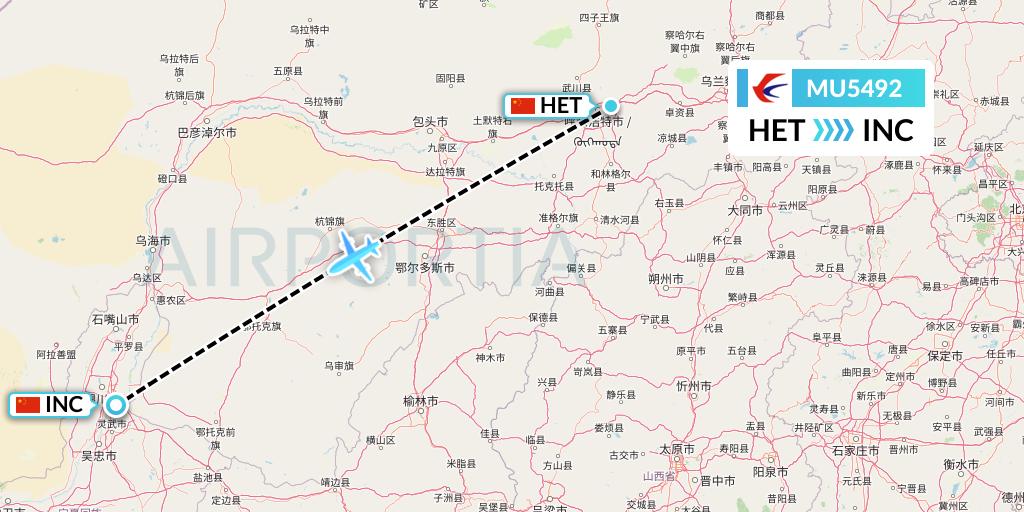 MU5492 China Eastern Airlines Flight Map: Hohhot to Yinchuan
