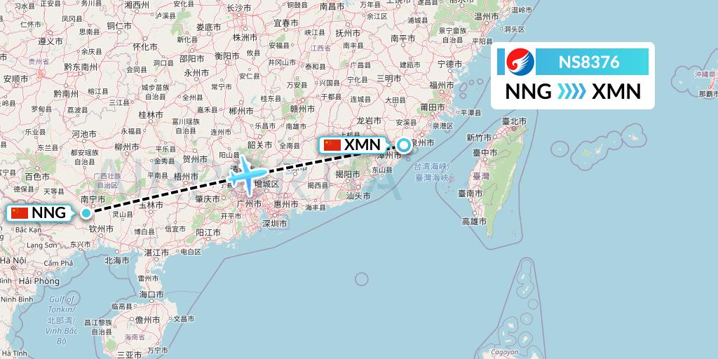 NS8376 Hebei Airlines Flight Map: Nanning to Xiamen