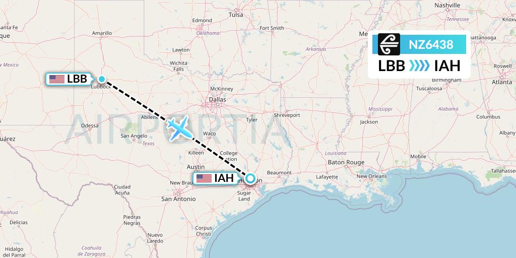 NZ6438 Air New Zealand Flight Map: Lubbock to Houston