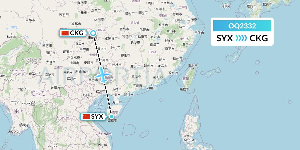 OQ2332 Chongqing Airlines Flight Map: Sanya to Chongqing