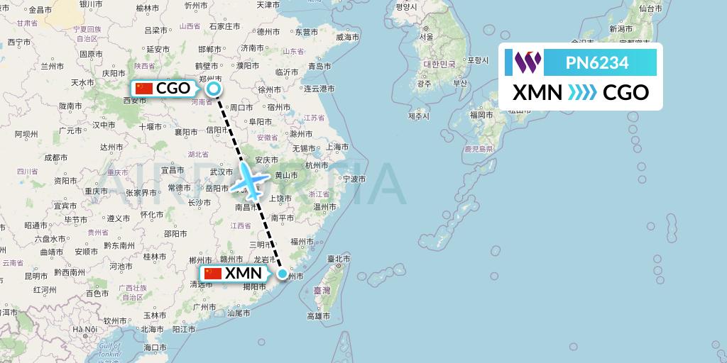 PN6234 China West Air Flight Map: Xiamen to Zhengzhou