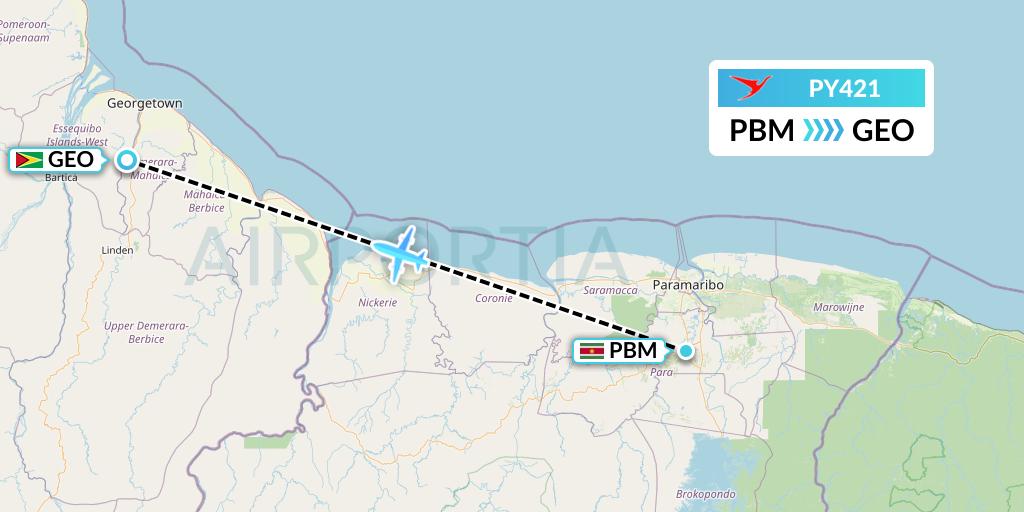 PY421 Surinam Airways Flight Map: Paramaribo to Georgetown