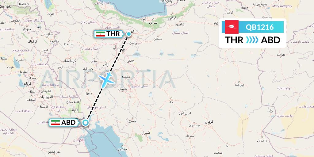 QB1216 Qeshm Airlines Flight Map: Tehran to Abadan