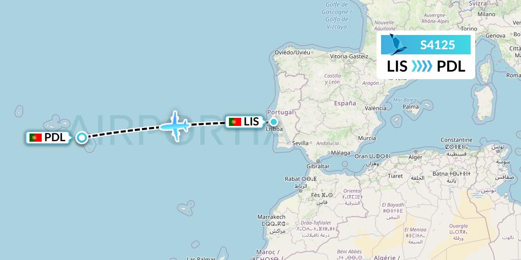 S4125 Azores Airlines Flight Map: Lisbon to Ponta Delgada