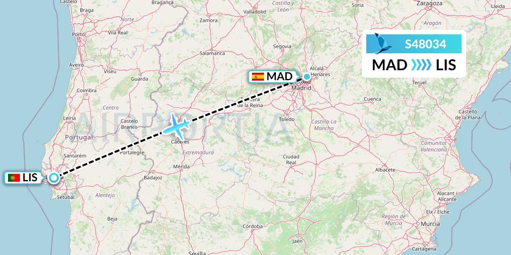 S48034 Azores Airlines Flight Map: Madrid to Lisbon