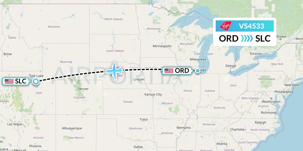 VS4533 Virgin Atlantic Airways Flight Map: Chicago to Salt Lake City