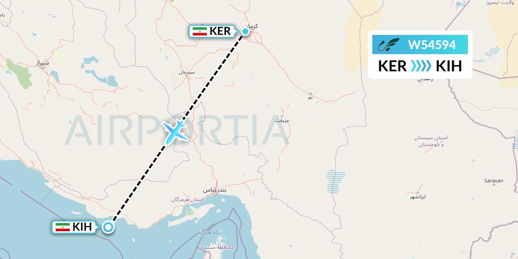 W54594 Mahan Air Flight Map: Kerman to Kish Island
