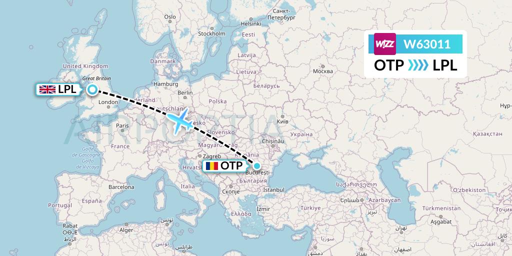 W63011 Wizz Air Flight Map: Bucharest to Liverpool