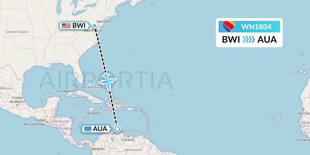 WN1804 Southwest Airlines Flight Map: Baltimore to Oranjestad