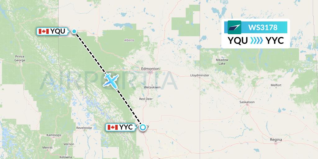 WS3178 WestJet Flight Map: Grande Prairie to Calgary