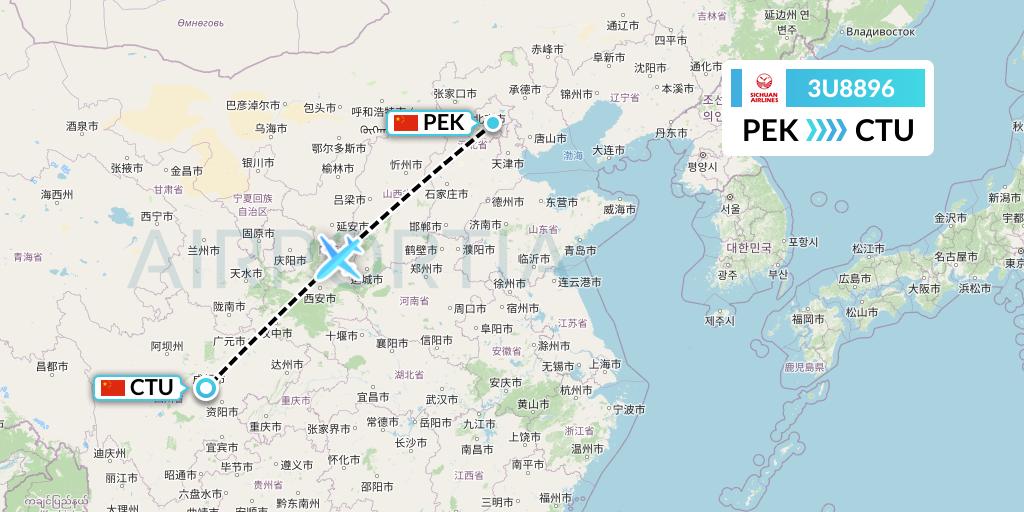 3U8896 Sichuan Airlines Flight Map: Beijing to Chengdu