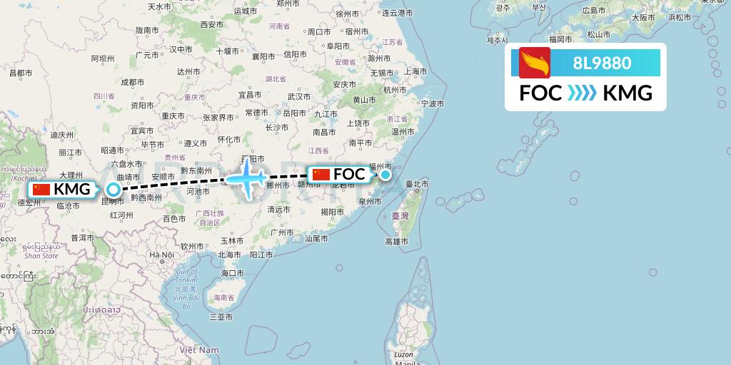 8L9880 Lucky Air Flight Map: Fuzhou to Kunming