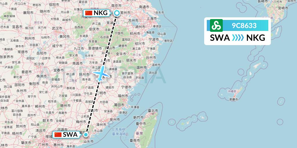 9C8633 Spring Airlines Flight Map: Jieyang to Nanjing