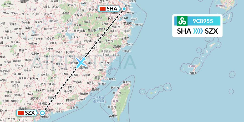 9C8955 Spring Airlines Flight Map: Shanghai to Shenzhen