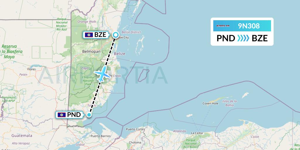9N308 Tropic Air Flight Map: Punta Gorda to Belize City