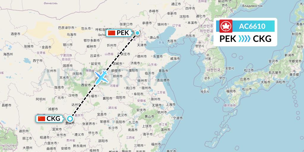 AC6610 Air Canada Flight Map: Beijing to Chongqing