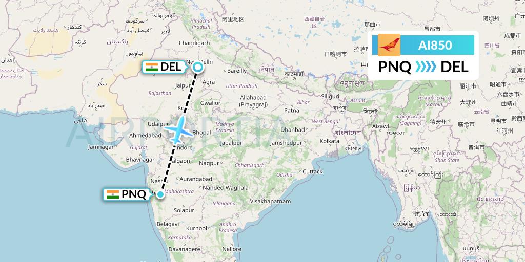 AI850 Air India Flight Map: Pune to Delhi