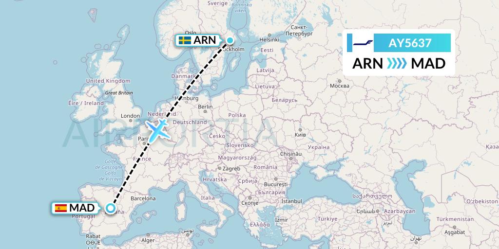 AY5637 Finnair Flight Map: Stockholm to Madrid