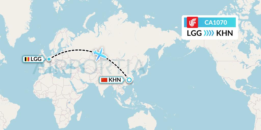 CA1070 Air China Flight Map: Liege to Nanchang