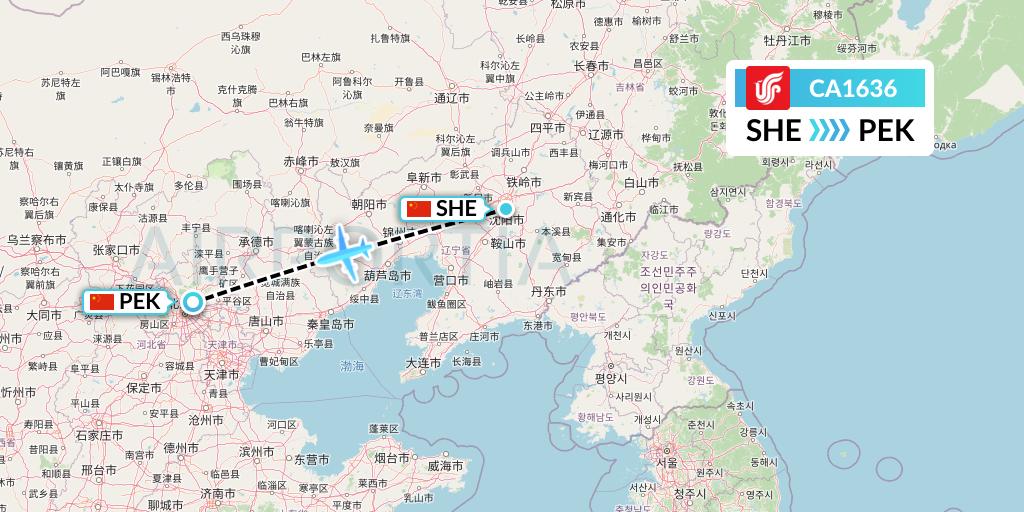 CA1636 Air China Flight Map: Shenyang to Beijing