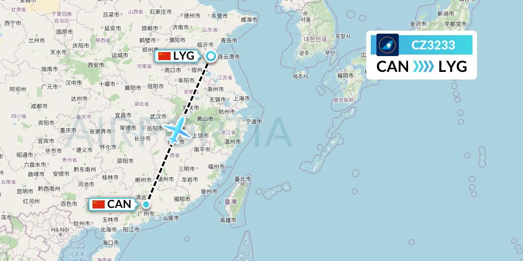 CZ3233 China Southern Airlines Flight Map: Guangzhou to Lianyungang