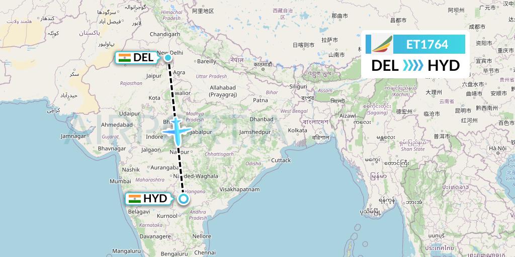 ET1764 Ethiopian Airlines Flight Map: Delhi to Hyderabad