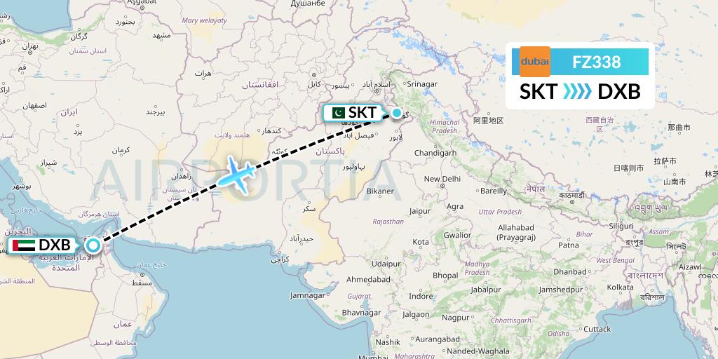 FZ338 FlyDubai Flight Map: Sialkot to Dubai