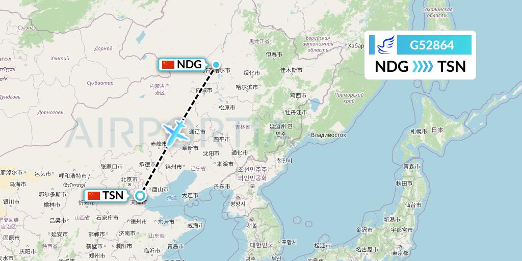 G52864 China Express Airlines Flight Map: Qiqihar to Tianjin