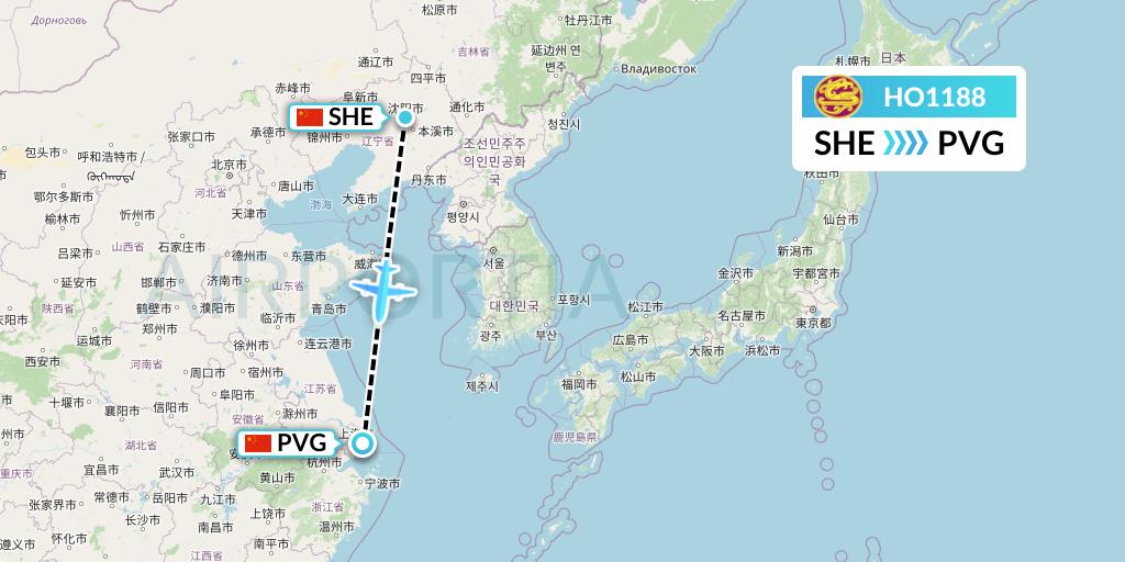 HO1188 Juneyao Airlines Flight Map: Shenyang to Shanghai