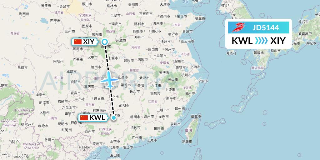 JD5144 Capital Airlines Flight Map: Guilin to Xi'an