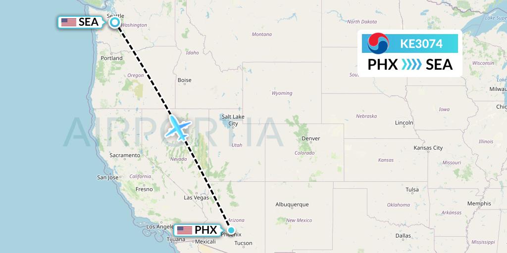 KE3074 Korean Air Flight Map: Phoenix to Seattle