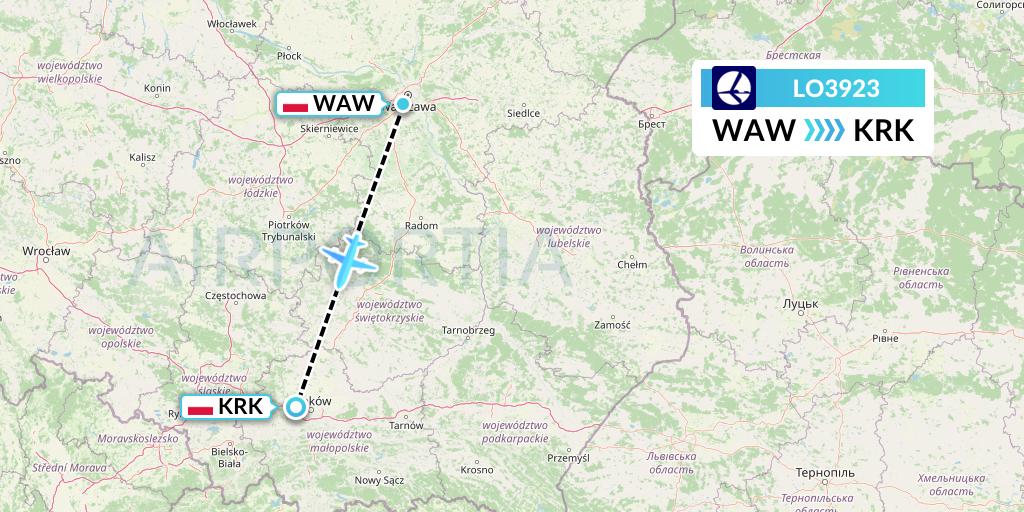 LO3923 LOT Flight Map: Warsaw to Krakow