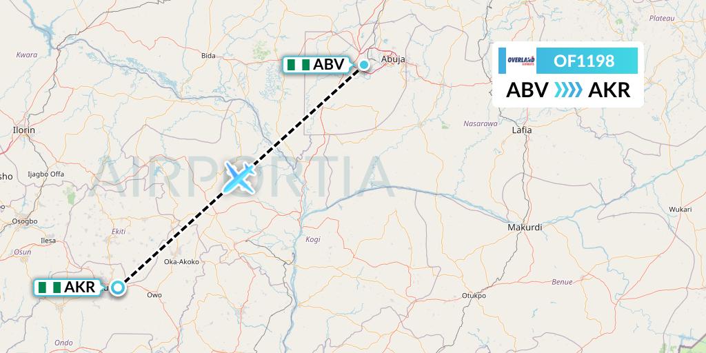OF1198 Overland Airways Flight Map: Abuja to Akure