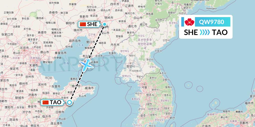 QW9780 Qingdao Airlines Flight Map: Shenyang to Qingdao