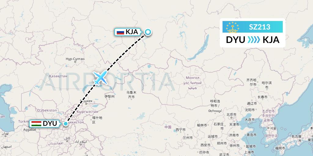 SZ213 Somon Air Flight Map: Dushanbe to Krasnoyarsk