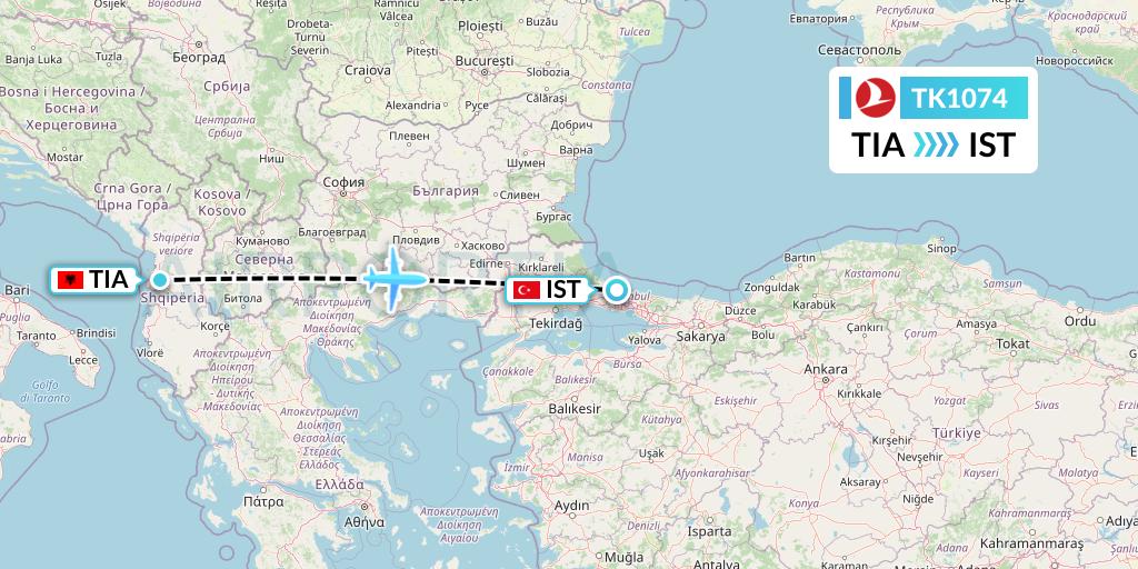 TK1074 Turkish Airlines Flight Map: Tirana to Istanbul