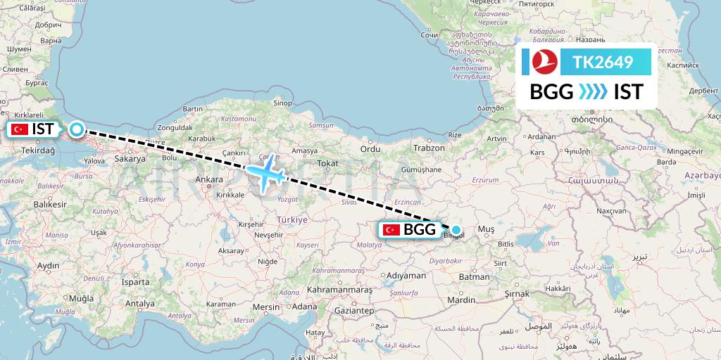 TK2649 Turkish Airlines Flight Map: Bingol to Istanbul