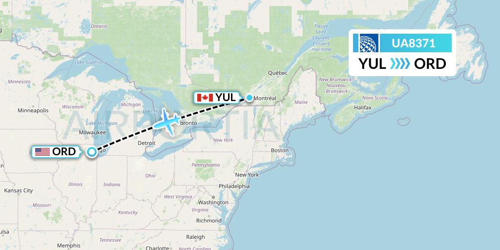 UA8371 United Airlines Flight Map: Montreal to Chicago