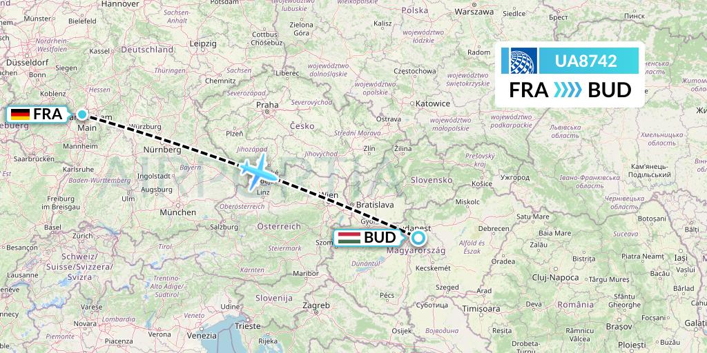 UA8742 United Airlines Flight Map: Frankfurt to Budapest