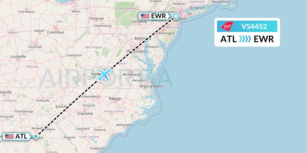 VS4452 Virgin Atlantic Airways Flight Map: Atlanta to New York